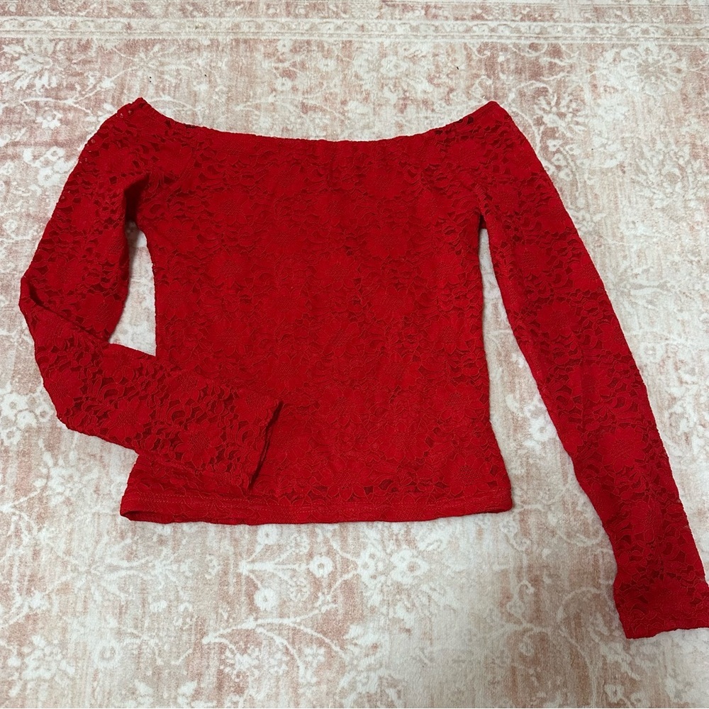 Red Lace Off The Shoulder Long Sleeve Top - Picture 2 of 8